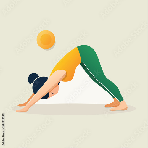 Woman doing downward-facing dog yoga pose with sun in the background, promoting healthy lifestyle