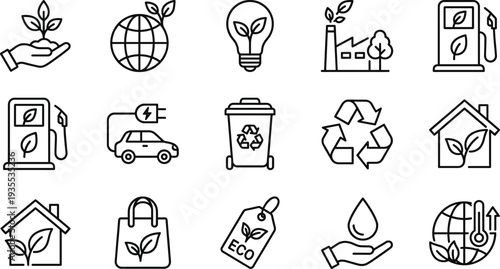 Eco Friendly and Sustainable Energy Line Icon Set with Recycling, Electric Car, Green Energy, Eco Bag, Plant Growth and Environmental Symbols