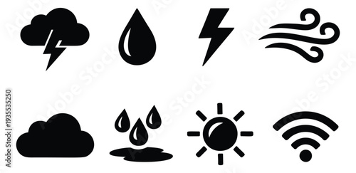 Flat style weather and communication icons set featuring clouds, lightning, raindrops, sun, wind, and wifi symbol for web and app design