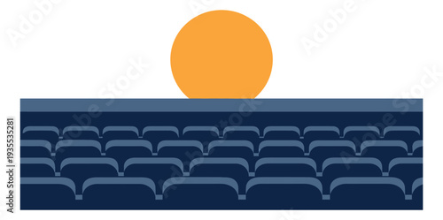 Minimalist illustration of auditorium seats depicting a stage area with a large orange light for presentations or shows