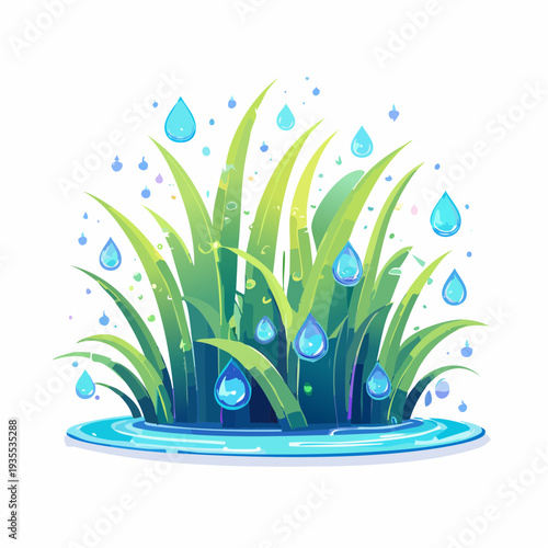 Vibrant cartoon illustration of lush green grass with refreshing blue water droplets, symbolizing nature's growth and vitality and a healthy ecosystem