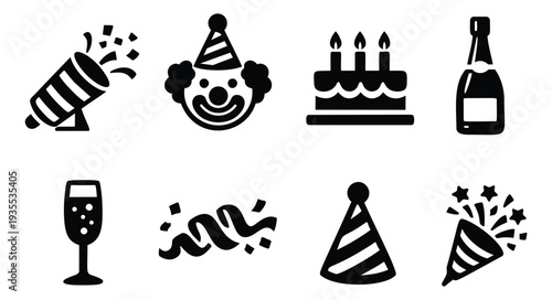 Solid icon celebration set featuring a confetti popper, clown, cake, champagne, and party hats for events