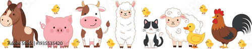 Cute Farm Animals Cartoon Collection with Horse, Pig, Cow, Alpaca, Cat, Sheep, Duck and Rooster Vector Illustration Set