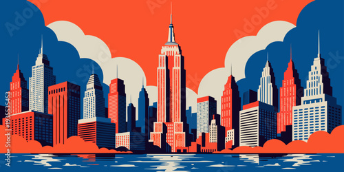 USA, US, U.S, United States - Empire State Building art deco sunset skyline, ultra-wide vector poster
