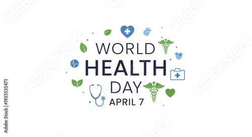 World health day logo with medical symbols and april 7 date on white background