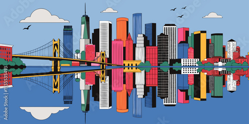 USA, US, U.S, United States - Hudson River reflection skyline panorama, flat vector illustration
