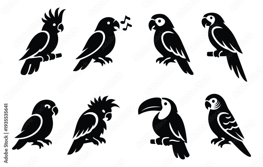 Naklejka premium Stylized graphic tropical bird set featuring various parrots and a toucan for wildlife themes