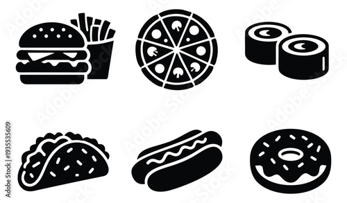 Modern glyph fast food and street food set featuring a burger with fries, pizza, sushi, taco, hot dog and donut for restaurant menus and food delivery services