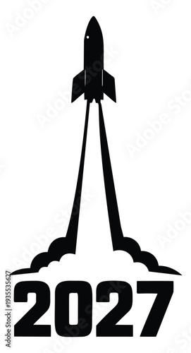 Minimalist graphic illustration of a rocket taking off with 2027 as its smoke trail depicting future success for new year celebrations