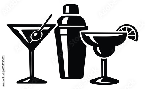 Graphic barware set featuring a martini glass, a cocktail shaker, and a margarita glass for drink preparation