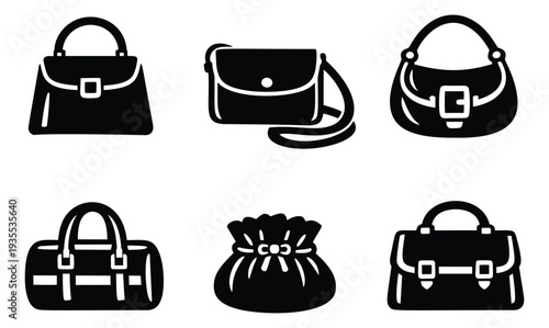 Stylish line art bag set featuring various handbags, a crossbody bag, a duffle bag, and a pouch for fashion, travel, and shopping concepts