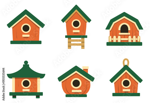 Flat style birdhouses set featuring various designs and colors for garden and nature themes
