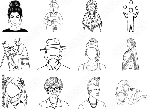 Black and white line of people with various hairstyles and occupations