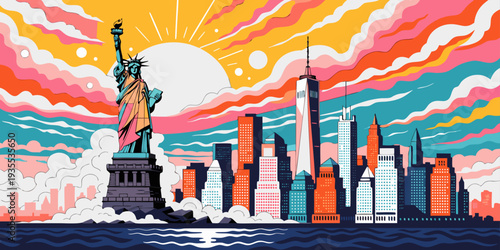 USA, US, U.S, United States - Statue of Liberty sunrise mist, Manhattan skyline background, ultra-wide vector
