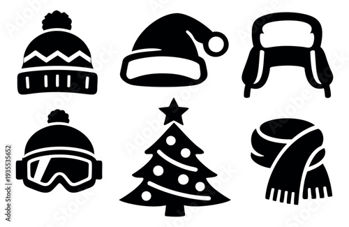 Modern winter holiday icon set featuring festive hats, a christmas tree, a scarf, and ski goggles for seasonal designs