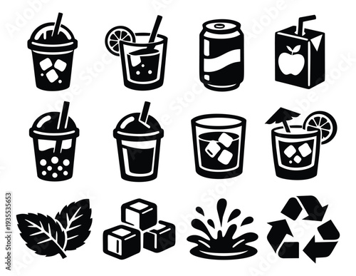 Minimalist beverage icons set featuring various drinks, ice cubes, mint leaves, and a recycle symbol for menu design and environmental themes