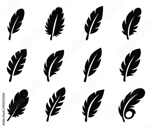 Stylized feather set featuring various shapes and designs for creative projects