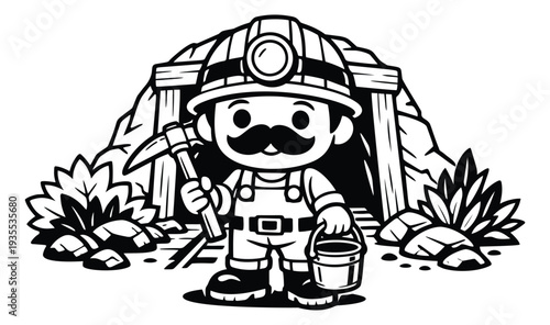 Black and white line art illustration of a miner character depicting him holding a pickaxe and bucket in front of a mine entrance for mining concepts