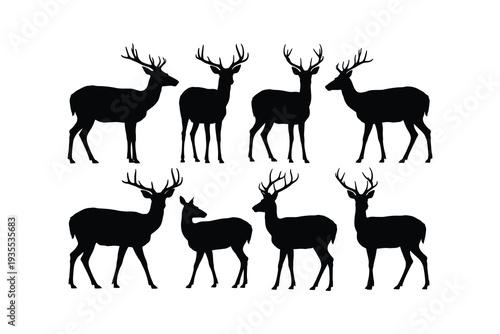 A group of eight black silhouettes of deer standing in a row Vector