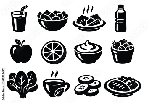 Simple graphic healthy food and drink set featuring fruits, vegetables, and meals for wellness and diet design