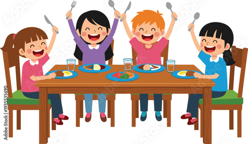 Happy Cartoon Children Eating Meal Together at Dining Table, Kids Enjoying Lunch Time Vector Illustration