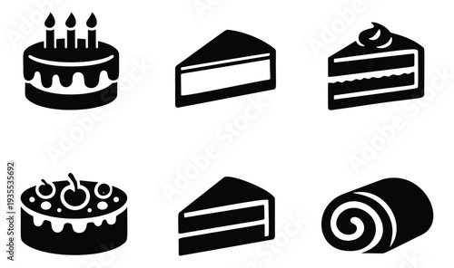 Glyph style dessert icon set featuring whole cakes, slices, and a swiss roll for menus and celebrations