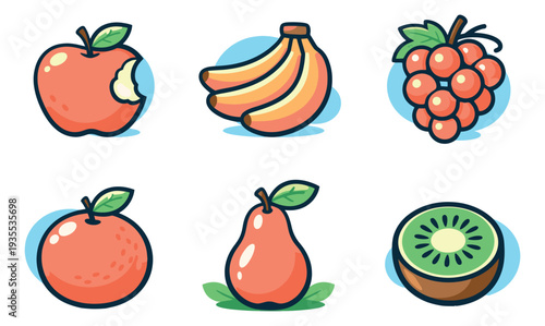 Hand drawn line art fruit icons set featuring an apple, bananas, grapes, a pear, and a kiwi for healthy eating and nutrition designs
