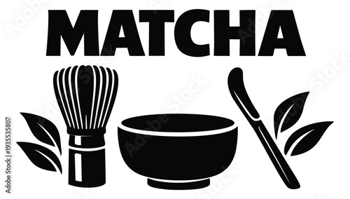 Graphic matcha tea icon set featuring a whisk, bowl, scoop, and leaves for traditional beverage and branding