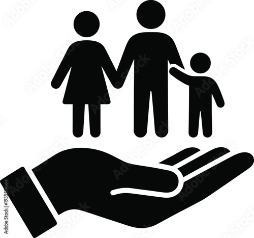 Family Protection and Care Icon with Hand Support Symbol Representing Social Security, Insurance, Parenting and Community Welfare Concept