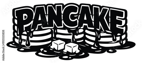 Retro cartoon illustration of a pancake themed logo depicting stacked pancakes with dripping syrup and sugar cubes for food and restaurant branding