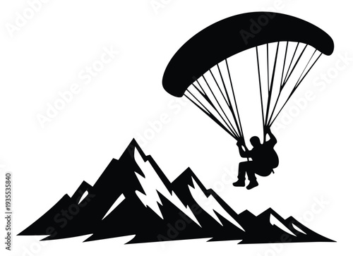 Graphic illustration of a paraglider and mountains depicting an extreme sport for outdoor adventure design