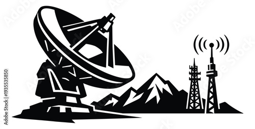 Graphic illustration of a satellite dish and communication towers depicting global telecommunication for network technology