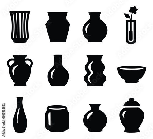 Modern icon pottery set featuring diverse shapes including a flower vase and a bowl for home decoration and interior design