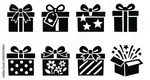 Graphic gift box icon set featuring various wrapped presents and an open bursting box for celebrations