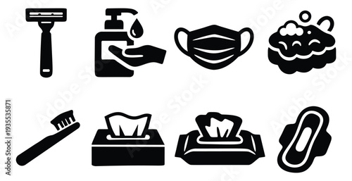 Solid icon health and hygiene set featuring a shaving razor, hand sanitizer, medical mask, bath sponge, toothbrush, tissue box, wet wipes, and a sanitary pad for daily care