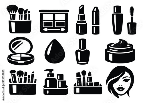 Modern silhouette beauty cosmetics set featuring makeup products and a woman's face for fashion and beauty applications