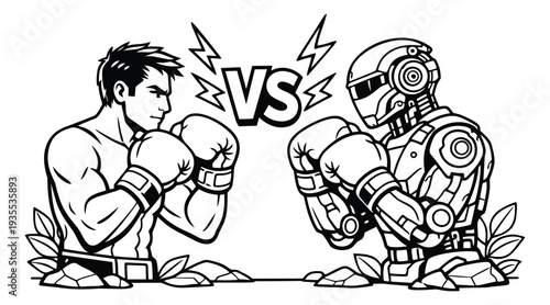 Line art illustration of a boxer and a robot depicting a confrontation for a challenge