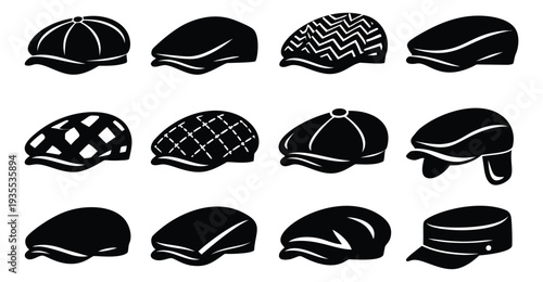 Modern silhouette headwear set featuring various flat caps and newsboy hats for fashion accessories