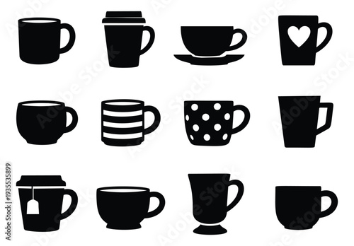 Minimalist graphic cup and mug set featuring coffee and tea cups in various shapes and patterns for beverage menus and branding