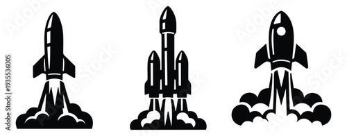 Bold graphic rocket set featuring three distinct launching rocket designs for space exploration or business startup concepts