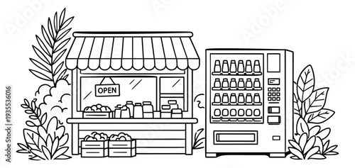 Hand drawn line art illustration of a market stall and vending machine depicting local business for retail shopping