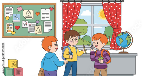 Cartoon School Children Exchanging Notes in Classroom with Bulletin Board Window and Globe Educational Vector Illustration