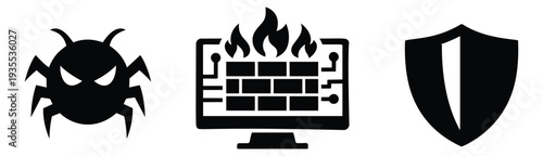 Cybersecurity icon set featuring a computer virus, a firewall, and a protection shield for internet security