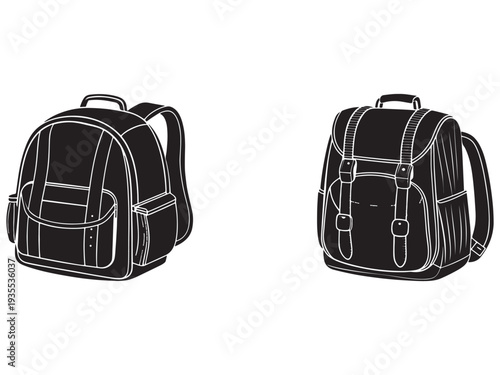 Two black backpacks with white outlines on a white background for school or travel