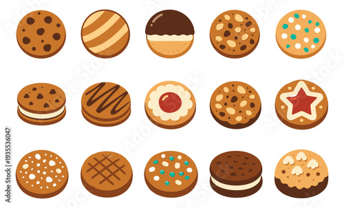 Flat design cookie set featuring decorated biscuits, chocolate chips, and cream fillings for sweet dessert promotions