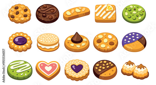 Cartoon style cookies set featuring various flavors and designs for sweet treats