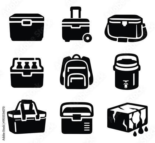 Icon style cooler and camping equipment set featuring a rolling cooler, soft bag, water jug, backpack, and melting ice for outdoor adventures