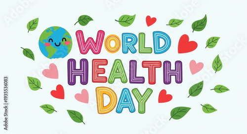 World health day colorful illustration with smiling earth surrounded by hearts and leaves