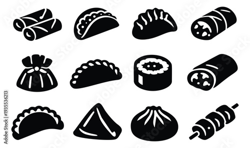Minimalist silhouette Asian and street food icon set featuring various dumplings, rolls, sushi, and a skewer for restaurant menus and packaging