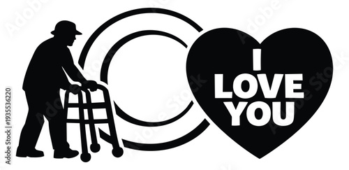Silhouette illustration of a senior man with a walker depicting love for elderly care and affection